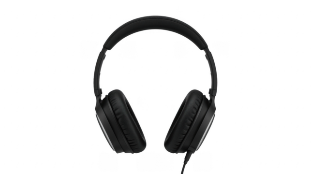 A pair of black over ear headphones with a cable on a black background in a studio setting