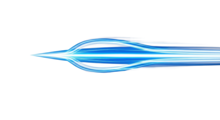 A vibrant, glowing electric blue abstract element with sharp leading edge and dynamic motion blur, moving rapidly on a transparent studio background, concept of technological advancement