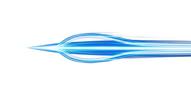 A vibrant, glowing electric blue abstract element with sharp leading edge and dynamic motion blur, moving rapidly on a transparent studio background, concept of technological advancement