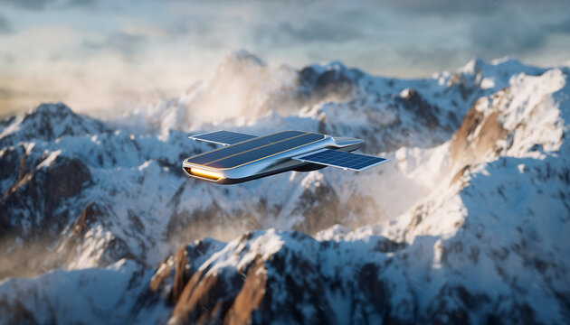 Modern solar drone surveying majestic snow capped mountains, showcasing futuristic technology and environmental monitoring capabilities in a scenic landscape