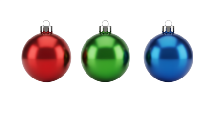 Three Colorful Christmas Ornaments on Transparent Background