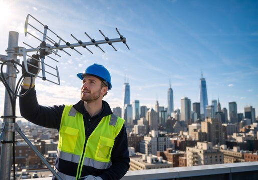 Telecommunications technician adjusting antenna on rooftop with city skyline. Engineer installing 5G network equipment