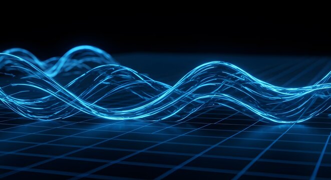 Blue digital waveforms on dark grid background representing oscillation and data visualization