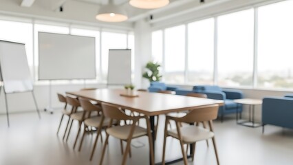 Blurred modern office meeting room interior with conference table, chairs, whiteboards, and large windows