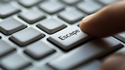 Finger presses the Escape key on a computer keyboard, digital freedom now