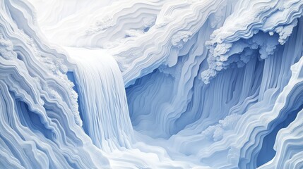 Abstract frozen waterfall landscape with beautiful ice textures and serene blue tones