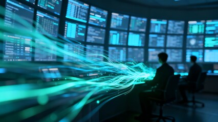 Generative AI abstract data flow visualization in server room.