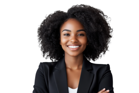 Businesswoman with long curly hair smiling

