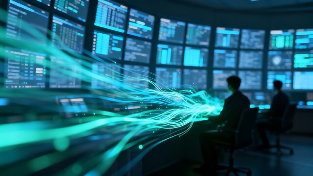 Generative AI abstract data flow visualization in server room. - Powered by Adobe