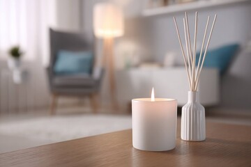 Burning candle and reed diffuser creating relaxing cozy home atmosphere on wooden table