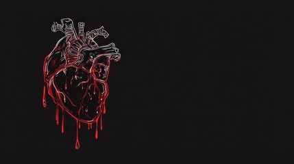 Red anatomical heart illustration dripping blood on dark background