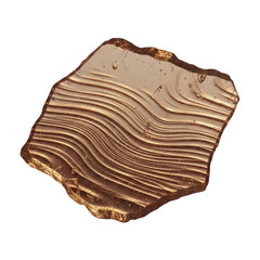 Closeup of an abstract, irregularly shaped piece of translucent brown glass with a distinct wavy textured surface, isolated on transparent background