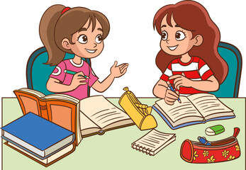 Vector illustration of cute two girls studying together at the table