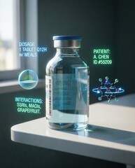 Medical vial with dosage and patient information displayed in a futuristic setting