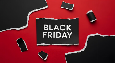 Black friday text on black paper with torn edges against a vibrant red background, creating a sense of urgency