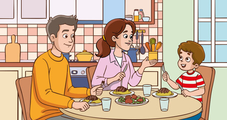 Vector illustration of cute happy nuclear family having dinner together