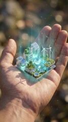 Miniature eco-city concept held in a human hand, sustainable future