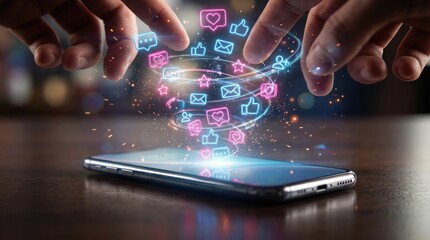 Social media concept with smartphone and glowing social media icons