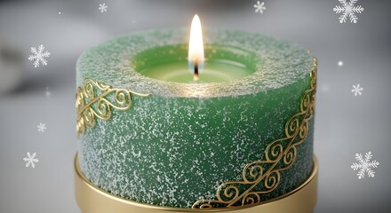 Luxury emerald candle with frosted details and drifting snowflakes in a warm festive scene
