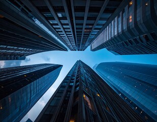 Low angle shot of tall buildings against a cloudy sky, creating a dramatic perspective