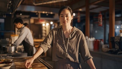 Fototapeta premium Portrait of casual Asian female staff working at ramen restaurants and pubs.