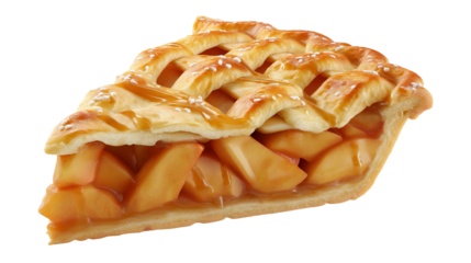 A slice of apple pie with lattice crust and filling against a black background in close up view