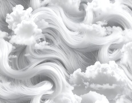 Abstract flowing white strands intermingle with fluffy clouds