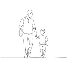 A continuous one-line illustration of a father and his young son walking together while holding hands