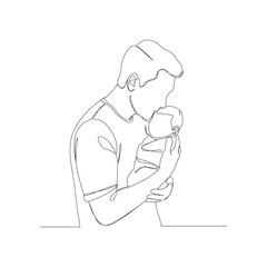A continuous one-line illustration of a loving father figure holding his baby and kissing them on the forehead