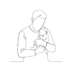 A continuous one-line illustration of a loving father figure holding his baby in a tender embrace