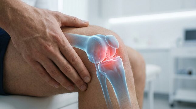 Knee pain illustration showing inflammation and joint anatomy