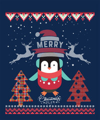 Festive ugly christmas sweater design with penguin, reindeer, and plaid trees