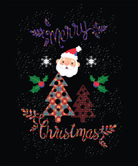 Merry christmas festive illustration with santa, trees, holly, and snowflakes