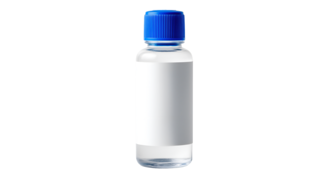 A clear bottle with a blue cap and a white label filled with a clear liquid on a black background