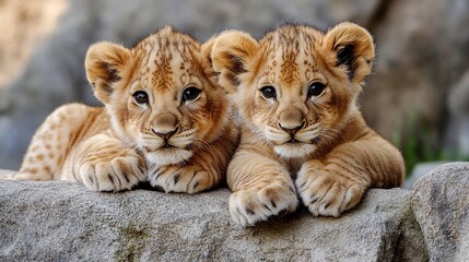 Obraz premium Two lion cubs resting together on a rock — concept of wildlife bonding