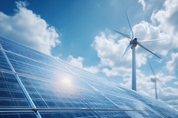 Solar panels harnessing energy alongside a wind turbine under a clear blue sky showcasing renewable energy solutions in action
