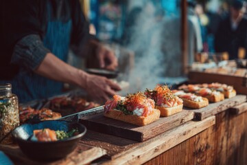 Naklejka premium French street food vendor prepares gourmet dish at bustling market in the evening, attracting food lovers with vibrant colors and enticing aromas