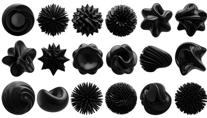 A grid of twenty dark, glossy 3D spheres and abstract shapes on a black background