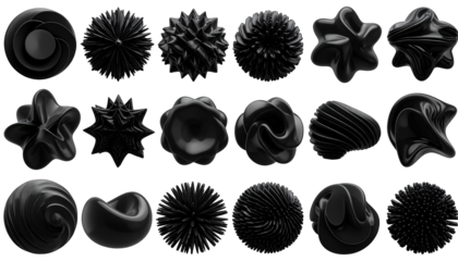A grid of twenty dark, glossy 3D spheres and abstract shapes on a black background