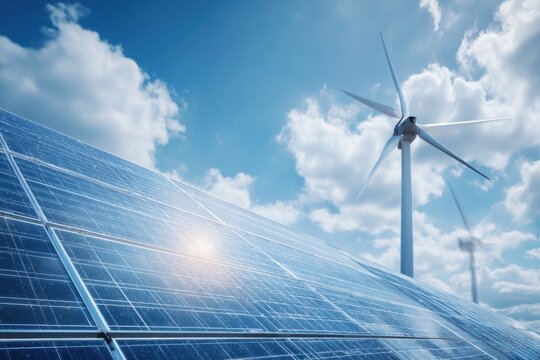 Solar panels harnessing energy alongside a wind turbine under a clear blue sky showcasing renewable energy solutions in action