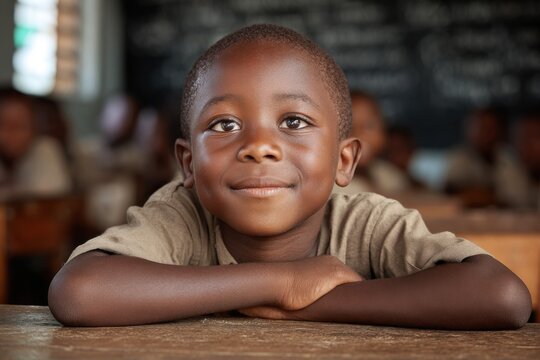 Smiling African boy is engaged and attentive while seated at desk in classroom filled with eager students during school session