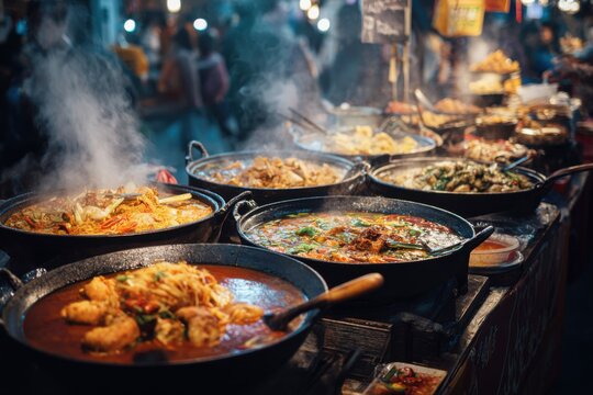 Vibrant street food market offering various fresh dishes in delightful atmosphere during evening hours