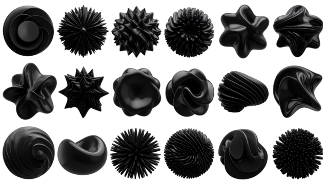 A grid of twenty dark, glossy 3D spheres and abstract shapes on a black background - Powered by Adobe