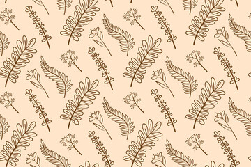 Repeating line floral pattern with various delicate botanical elements, intricately designed in brown on a beige background. This seamless vector illustration is perfect for textile designs.