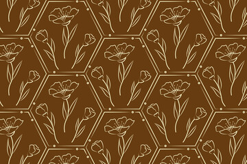 Seamless vector illustration of a floral hexagon pattern in brown and cream colors. This elegant and intricate design features delicate flower outlines arranged in a geometric layout.