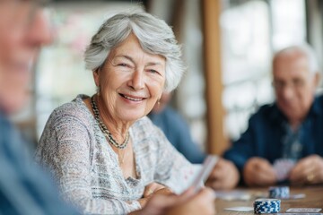 Senior woman enjoys friendly card game with friends at retirement home during afternoon activity session
