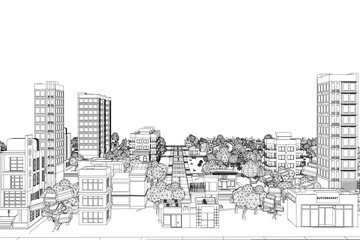 Naklejka premium Low poly cityscape with geometric buildings and stylized trees in clean contour drawing. Black and white illustration features minimalist urban landscape against white background.