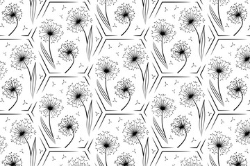 Seamless black and white vector illustration featuring intricate dandelion patterns with geometric hexagonal shapes. Ideal for wallpaper, fabric, and decorative designs.