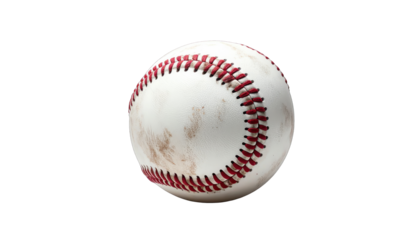 Close-up of a well-worn, slightly dirty, white sphere with red stitching on a black background