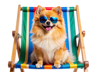 Playful Pomeranian Sitting Upright in Colorful Beach Chair with Blue Aviator Shades, Transparent Background